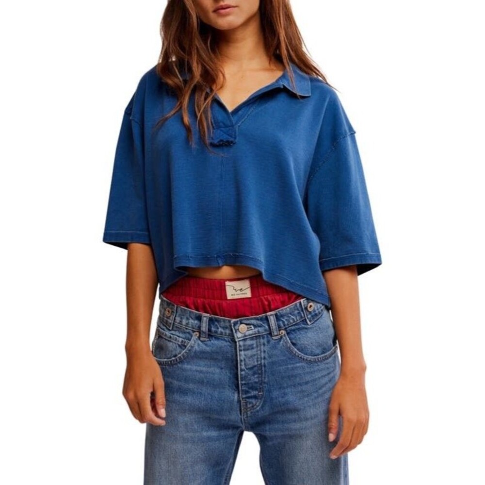FREE PEOPLE Women’s Denmark Knit Polo Top size XS NWT Oversized Cropped Preppy